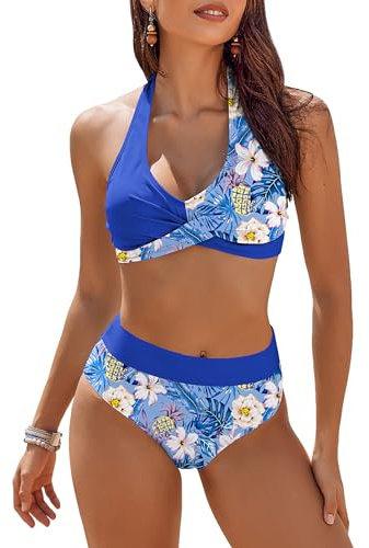 AI'MAGE Women's Two Piece Swimsuits Top Bikini High Waisted Bottom Tummy Control Bathing Suits Swimwear Vintage Print, Blue Floral, M