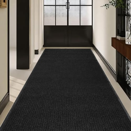 uyoyous Teppich Läufer Flur, rutschfest Schmutzfangmatte Meterware, 90×300 cm Streifenmuster Teppichläufer Küchenteppich, Waschbar Flurteppich für Eingänge, Küche, Wohnzimmer, Korridor-Schwarz