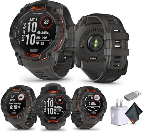 Garmin Instinct 3 50mm, Solar Charged Display, Rugged Outdoor GPS Smartwatch, Unlimited Battery Life, Built-in Flashlight, Charcoal (010-02935-00) Tactical Smart Watch Bundle for Men and Women