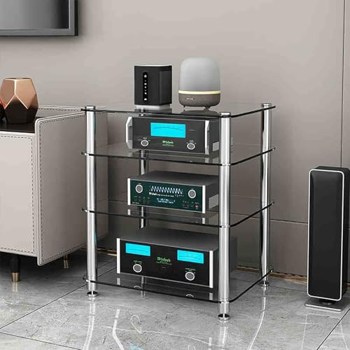 ZIHESY Stereo Rack AV Media Stand with 1/2/3/4-Tier Tempered Glass Shelves, Audio Rack Tower CD Record Player Stereo Receiver AV Equipment Cabinet Display Stand(Clear,72cm/28.3in)