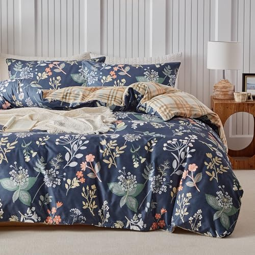 TTCM King Size Duvet Cover Sets, Floral Bedding Sets King Size with Zipper Closure, 3 Piece Patterned Bedding Set, Ultra Soft Microfiber Duvet Cover with 4 Corner Ties (230x220cm, Blue)