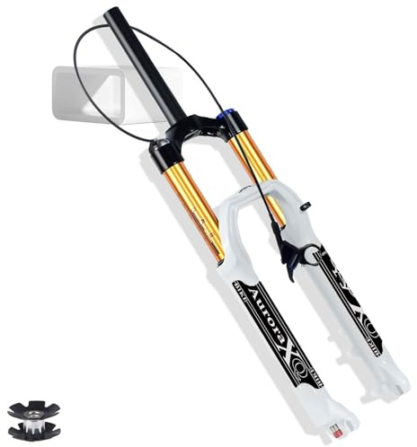 LYYCX AuroraXQ Gerade Tube Mountainbike Gabel 26/27.5/29 140mm Federweg, Luft-34 Fernabsperrung XC AM MTB Fork Magnesiumlegierung 1-1/8 Downhill Fahrrad Federgabel QR 9mm(White/Gold,26)