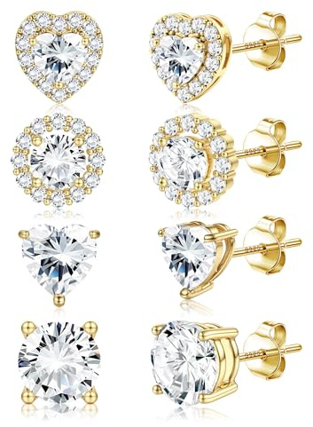Dochais 4 Paar Ohrringe Silber 925 für Damen Herren Ohrstecker Silber 925 Klein Hypoallergenes Ohrringe Stecker Silber Zirkonia 14 Karat Vergoldet Ohrstecker für Frauen Männer Gold B