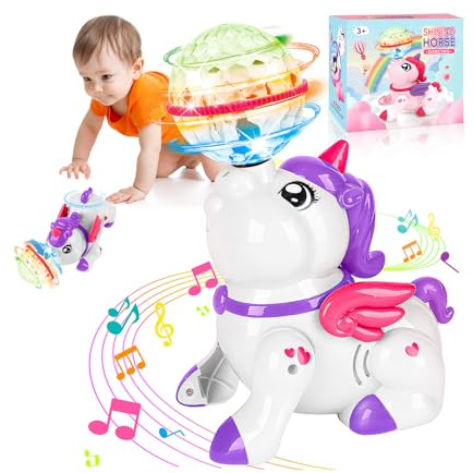 Giocattoli Unicorno Neonato Per Tempo a Pancia In Giù - Giocattolo Sensoriale Sviluppo Neonati c/Musica, Luci Led + Rotazione 360–Stimola Gattonamento e Movimento, Regalo Per Bambini e Bambine(bianco)