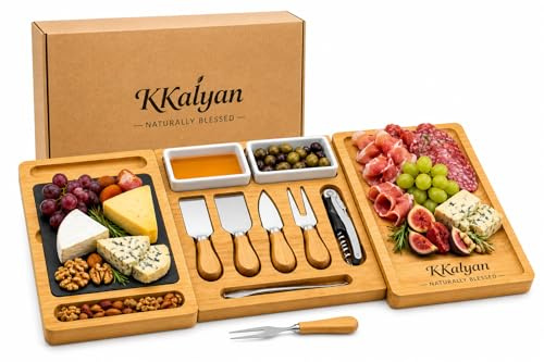 KKALYAN Planche Apero xxl Extensible en Bambou – Plateau Apéritif Dinatoire 6 à 8 Personnes avec Accessoires