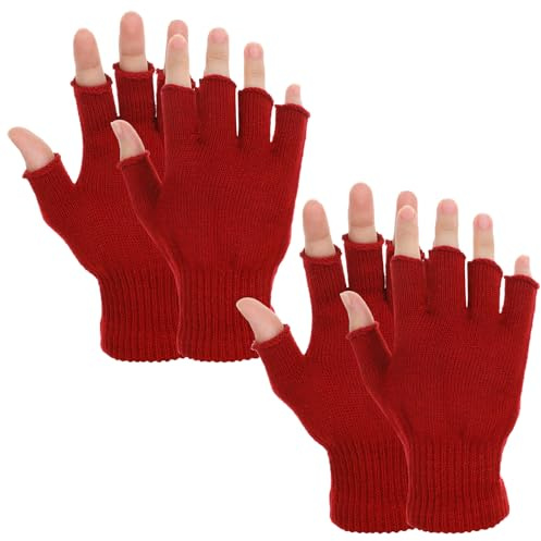 Grevosea 2 Pair Fingerless Gloves, Winter Half Finger Gloves Thickened Cashmere Warm Glove Knit Touchscreen Warm Stretchy Mittens Fingerless Glove for Men and Women Deep Red