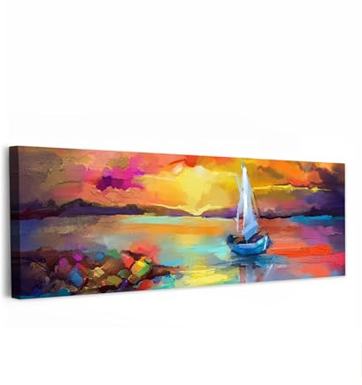 MuchoWow© Wandbilder Wohnzimmer XXL Wanddeko Panorama Zimmerdeko | 120x40 cm - Wandgemälde Zimmer Deko auf Wand Dekoration Wall Art Großes Bild Gemälde - Ölfarbe - Boot - Farben