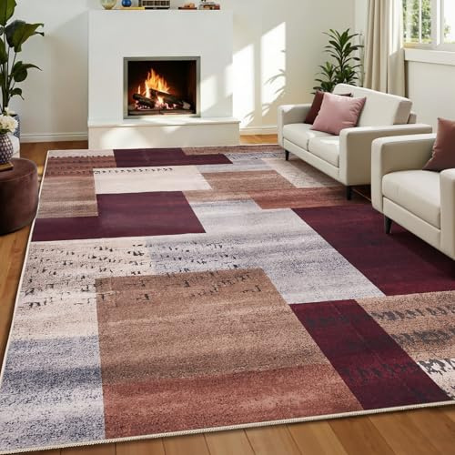 Puremy Groß Moderner Teppich, Waschbare Wohnzimmerteppich, Niedriger Flor rutschfest Geometrisches Kariert Teppiche Rug für Schlafzimmer Esszimmer Büro und Kinderzimer, 200x280cm, Ziegel Rot & Multi