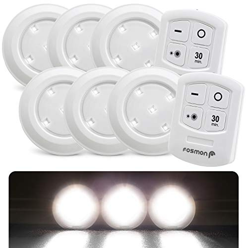 Fosmon - 6 Luci LED Wireless Adesiva Con 2 Telecomandi a Batteria –Bianche - Lampada con timer da 30min - illuminazione dell'armadio, Luce led sottopensile cucina, lampada de garage, bagno | Lampada Lampadine a Batteria con Timer da 30min per Illuminazione dell'Armadio, Sottopensile Cucina, Garage, e Bagno
