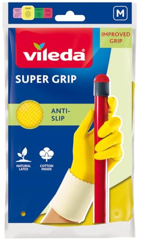 Vileda Super Grip Wiederverwendbare Handschuhe M, Flexibel, Wasserdichter Gummilatex, Reißfest, Exzellenter Grip, Mittlere Größe, Gelb (1 Paar pro Packung)