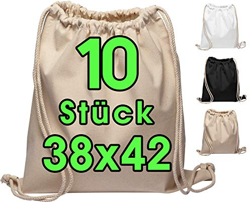Baumwollbeutel 10 Stück 38x42cm Sportbeutel - Rucksack Stofftasche Turnbeutel Bag, Beutel, Baumwollbeutel, Jutebeutel OEKO-TEX® zertifiziert Stoffbeutel Einkaufsbeutel Gym Sac Sack zum bemalen Natur