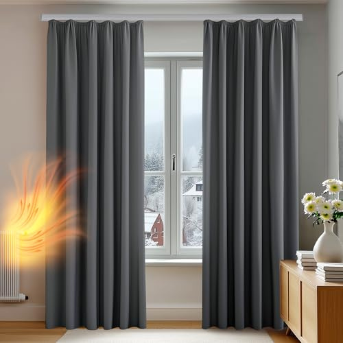 Deconovo Tende Oscuranti Termiche con Nastro a Matita – 2 Stili di Montaggio, Set di 2 Tende Moderne Isolanti per Camera da Letto e Soggiorno, 140x175 CM, Grigio Scuro
