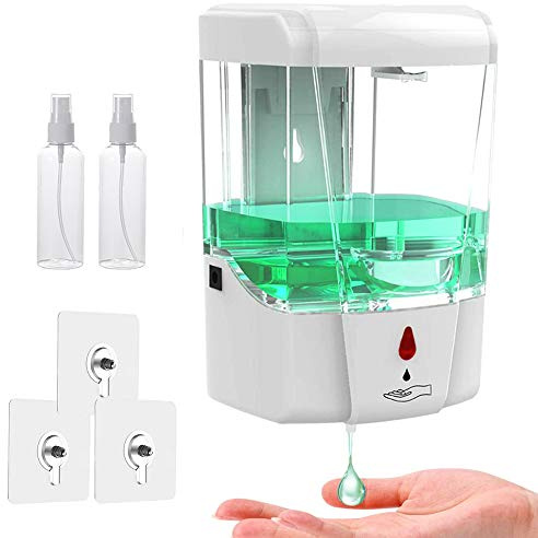 VSTON Automatisk IR-sensor tvåldispenser, 700 ml väggmonterad beröringsfri handsanitiverdispenser dubbel strömförsörjning med lock lås för toalett badrum toalett hotell kök