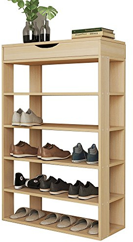 SogesPower Schuhregal mit Ablagefach Schuhschrank mit Stauraum mit 5 Ebenen aus Holz Schuh-Organizer Schuhablage Schuhständer für Wohnzimmer, Diele, Flur