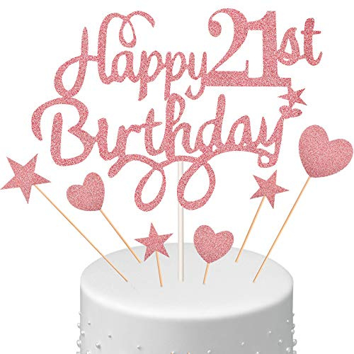 Boao Birthday Cake Topper Set with Heart Star Cupcake Picks, 21st | Glitter Birthday Cake Toppers with Heart Star Cupcake Picks for Anniversary Party Supplies