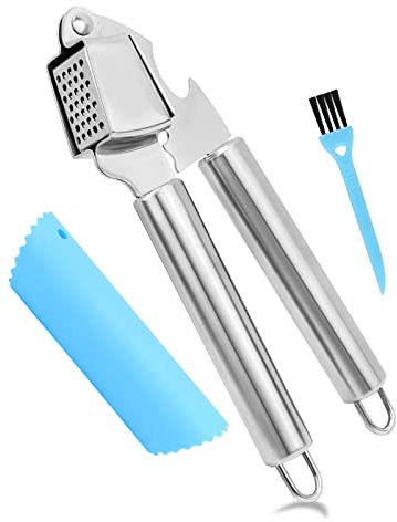 Stainless Steel Garlic Press, Professional Kitchen Garlic Crusher Garlic Mincer Ginger Crusher Heavy Duty Garlic Presser Squeezer Garlic Chopper with Silicone Garlic Peeler and Brush, Silver