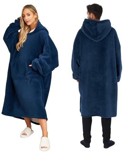 Sienna Extra Long Oversized Blanket Hoodie Wearable Throw with Pockets Sleeves Soft Sherpa Fleece Wearable Throw Giant Sweatshirt, Navy Blue