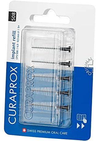 Curaprox Interdentalborstar CPS 508 implantat, påfyllning, förpackning med 5, 8,5 mm effektivitet, svart, konisk, påfyllningspaket utan hållare