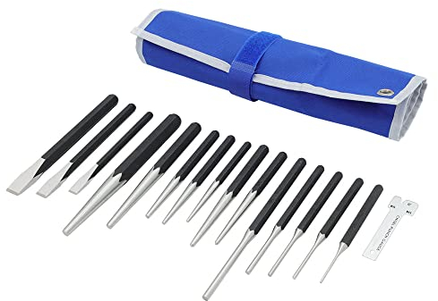 MichaelPro 16 Pieces Heavy Duty Chisel and Punch Set | Includes Center Punch, Pin Punch, Starter Punch, Chisel Gauge | CR-V Steel – Storage Pouch Included | MP010030