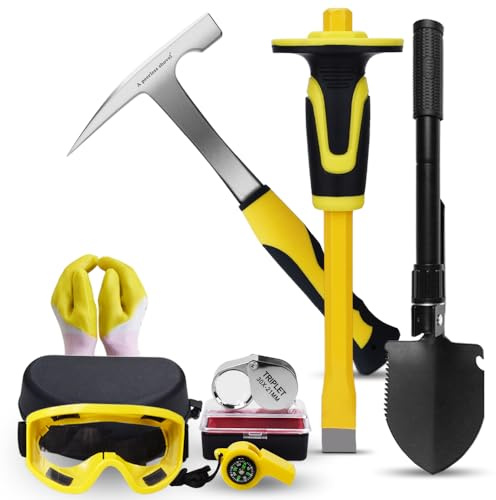 A peerless shovel 8 PCS Geology Rock Pick Equipment Kit,21 oz. Rock Pick Hammer,1pcs Mason Chisel, Tool Set for Hounding,Gold Mining & Prospecting(Yellow)