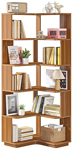 LITTLE TREE 6-Shelf Corner Bookshelf, 65” Tall L Shaped Bookcase, 6-Tier Industrial Corner Shelf Storage Display Rack for Living Room Home Office, Wood Grain Walnut