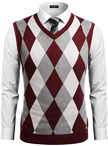 COOFANDY Men's Sleeveless V Neck Pullover Sweater Slim Fit Casual Argyle Sweater Vest Wine Red