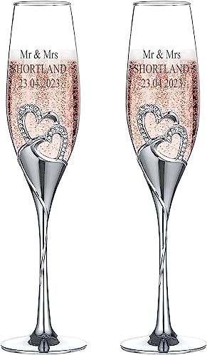 ukgiftstoreonline Personalised Double Heart Set of Two Champagne Flute with Sparkling Crystals