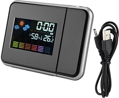 TOPINCN LED Projektionswecker mit Wettervorhersage, Temperatur und Luftfeuchtigkeitsanzeige, Digitaler Uhrzeit, Schlummerfunktion für eine Klare Projektion (Schwarz)