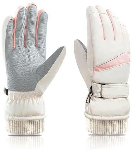 Feelorna Women Ski Gloves, Windproof Thermal Touchscreen Glove Waterproof Surface and Fleece Lined Winter Warm Gloves for Skiing Cycling Riding Outdoor Sports (Beige)