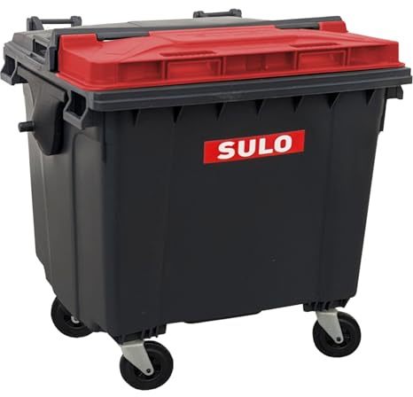 Sulo Mini Mülltonne Container 1100L Nachbildung | Tisch-Mülleimer Klein | Desktop Büro Schreibtisch Stifthalter | Grau mit Deckel-Einwurf Rot | Sammlerstück | 18x18x15 cm