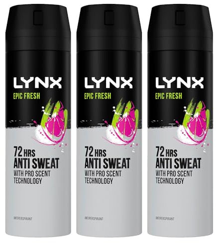 Lynx Anti-Perspirant Epic Fresh 72-Hour Sweat & Odour Protection Deodorant Spray for Men with Unique Scent of Grapefruit and Tropical Pineapple, 200ml Pack of 3
