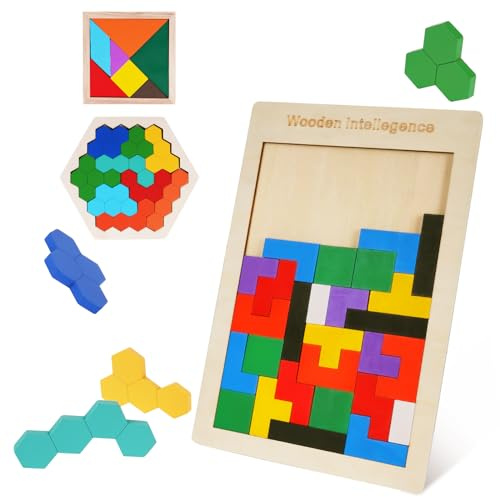 Ainiv Tangram Puzzles, 3 in 1 Wooden Intelligence Puzzles Set