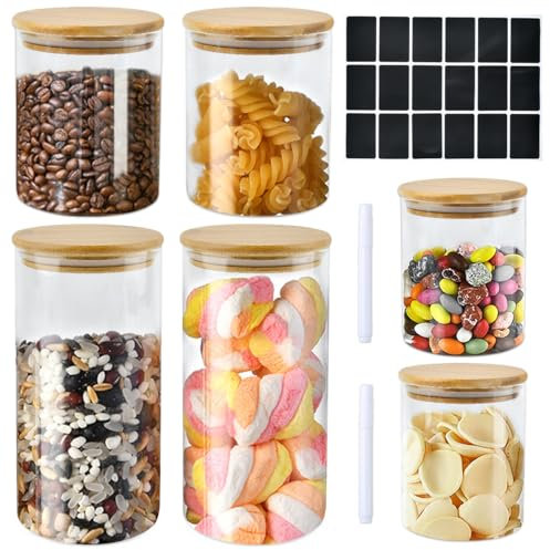 Glass Storage Containers with Lids - Airtight Food Jars with Labels Pens & Airtight Lids - 6PCS Set: 500/750/1500ML Jars for Tea Coffee Sugar Pasta Flour Beans