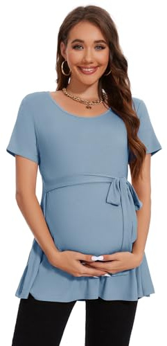Smallshow Maternity Clothes Manches Courtes Tie Front T-Shirts et Tops Grossesse,Light Blue,XXL
