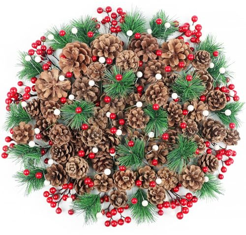 200 Stück Weihnachtstannenzapfen mit roten Beeren, Tannenzweig-Set, natürliche Weihnachtstannenzapfen, Tannenzweige in verschiedenen Größen, künstliche rote Beeren als Weihnachtsbaumschmuck Zuhause