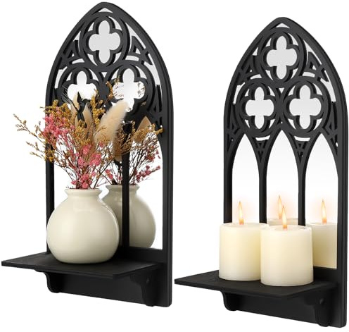 Ovveroche 2 Set Gothic Candle Sconces Wall Decor, Arch Cathedral Frame Gothic Wall Sconce Candle Holder for Bedroom, Bathroom, Dining Room, Living Room, Black