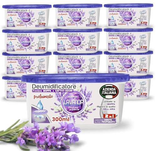 Deumidificatore Armadio Profumato Antimuffa e Assorbi Umidità 12x300ml, Ideale per Bagno, Casa e Ambienti con Muffa Stop (Lavanda)
