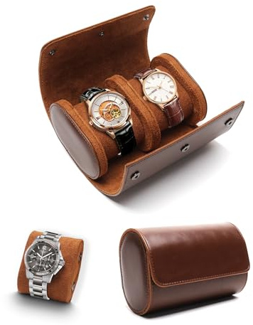 TINGSING Watch Box for Men, 2 Slot Watch Travel Case Watch Roll, PU Leather Watch Holder Organizer with Removable Pillows, Watch Gift Box for Father's Day, Christmas, Anniversary, Birthday, Brown