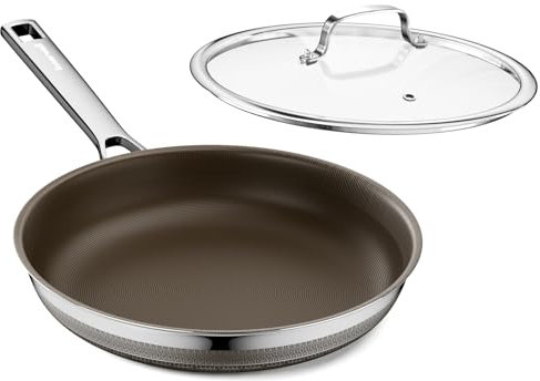 Innerwell Poêle à Frire en Céramique 28 cm avec Couvercle, Grande Poêle à Induction avec Antiadhésif en Titane, Poêle Anti-rayures en Acier Inoxydable Tri-ply, Sans PFOA, Marron