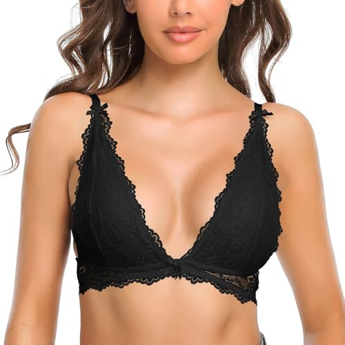 SHEKINI Women's Lace Bra Triangle Bralette Wireless Padded Plunge Low Back Bras Deep V Neck with Bowknot