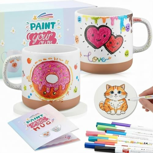 Geiserailie Keramik Tasse Bemalen Set mit 2 Tassen 2 Untersetzer 12 Porzellanstifte Erwachsene Bastelset Kaffeebecher DIY Geschenk für Abschluss, Untersetzer Nicht im Ofen Erhitzen(Zweifarbig Stil)