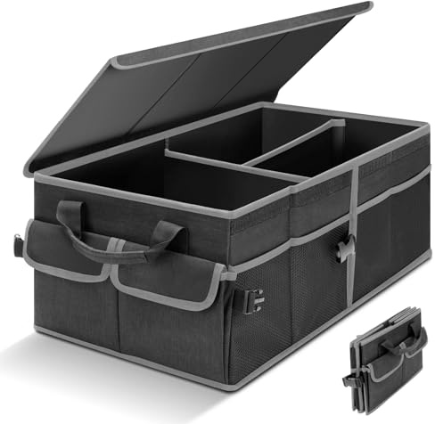 Cozary Organizer Bagagliaio Auto con Coperchio, 46 L Organizer Auto Pieghevole, Tessuto Oxford Impermeabile, Base Antiscivolo, Organizzatore Bagagliaio per Famiglie e Viaggi