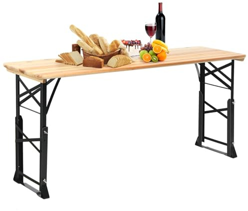 FANTASK klappbarer Biertisch, Klapptisch, Langer Buffettisch, Partytisch, Bierzelttisch höhenverstellbar für Garten, Party, Hinterhof, 50 x 168,5 x 105 cm, Natur