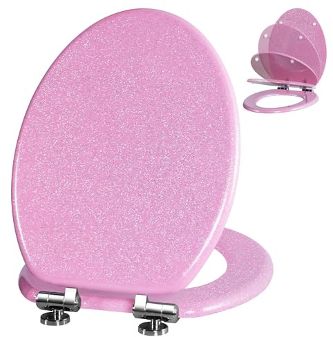 Angol Shiold Glitter Toilet Seat Molded Wood Elongated Toilet Seat with Quietly Close and Quick Release Hinges, Easy to Clean Also Easy to Install (Elongated 18.5'', Pink)