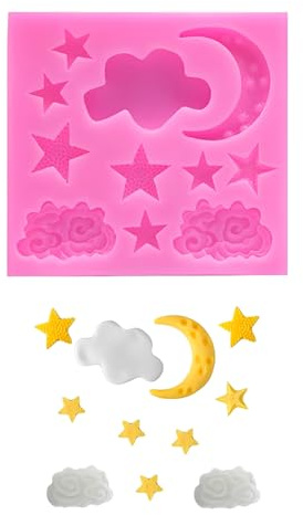 HUVZOR 1 Stück Mond Stern Wolke Silikon Form, 3D Backen Silikonformen, Lebensmittel silikon Fondant dekorieren mond Sterne Wolken Form Cutter,für Kuchendekoration, Fondant, Schokolade(rosa)