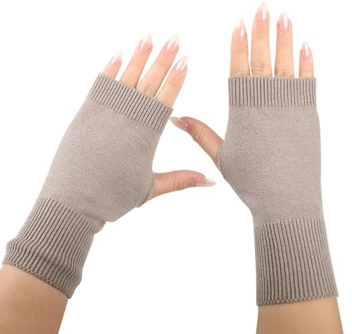 Cashmere Fingerless Gloves, Women's Winter Thermal Mittens, Camel | Wool Blend Wrist Warmers with Thumb Hole Knitted Half Fingerless Gloves Gift for Girls Ladies
