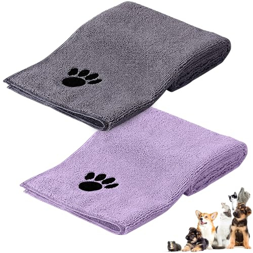 Vyranut Hundehandtuch, 2 Stück Microfaser Handtücher für Hunde Katzen, 75 x 35 cm Hundehandtuch Extra Saugfähig für Katzen Kuschelweich, Schnell Trocknend, Maschinenwaschbar(Grau/Lila)