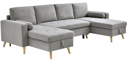 Vente-unique-Panorama-Ecksofa mit Schlaffunktion – Stoff – Hellgrau – KORI