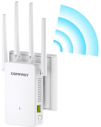 COMFAST Amplificador Señal WiFi, AC1200Mbps Repetidor WiFi Doble Banda 2.4G/5G con 4 Antenas Externas - 3 Modos (Repetidor/Router/Ap), Puerto Ethernet, WPS Botón, MU-MIMO, Luz Indicadora, Enchufe EU