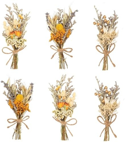 6 mini bouquet di fiori secchi (15 cm) – piccoli fiori secchi con papillon ed erba per decorazioni, matrimoni, regali – bouquet di fiori secchi gialli per la casa (giallo)